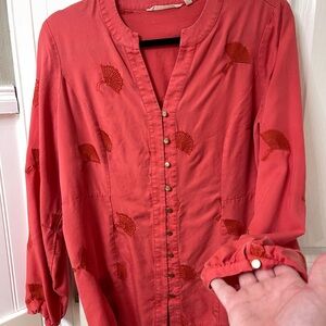 Soft Surroundings Coral Embroidered Button-Down Shirt
